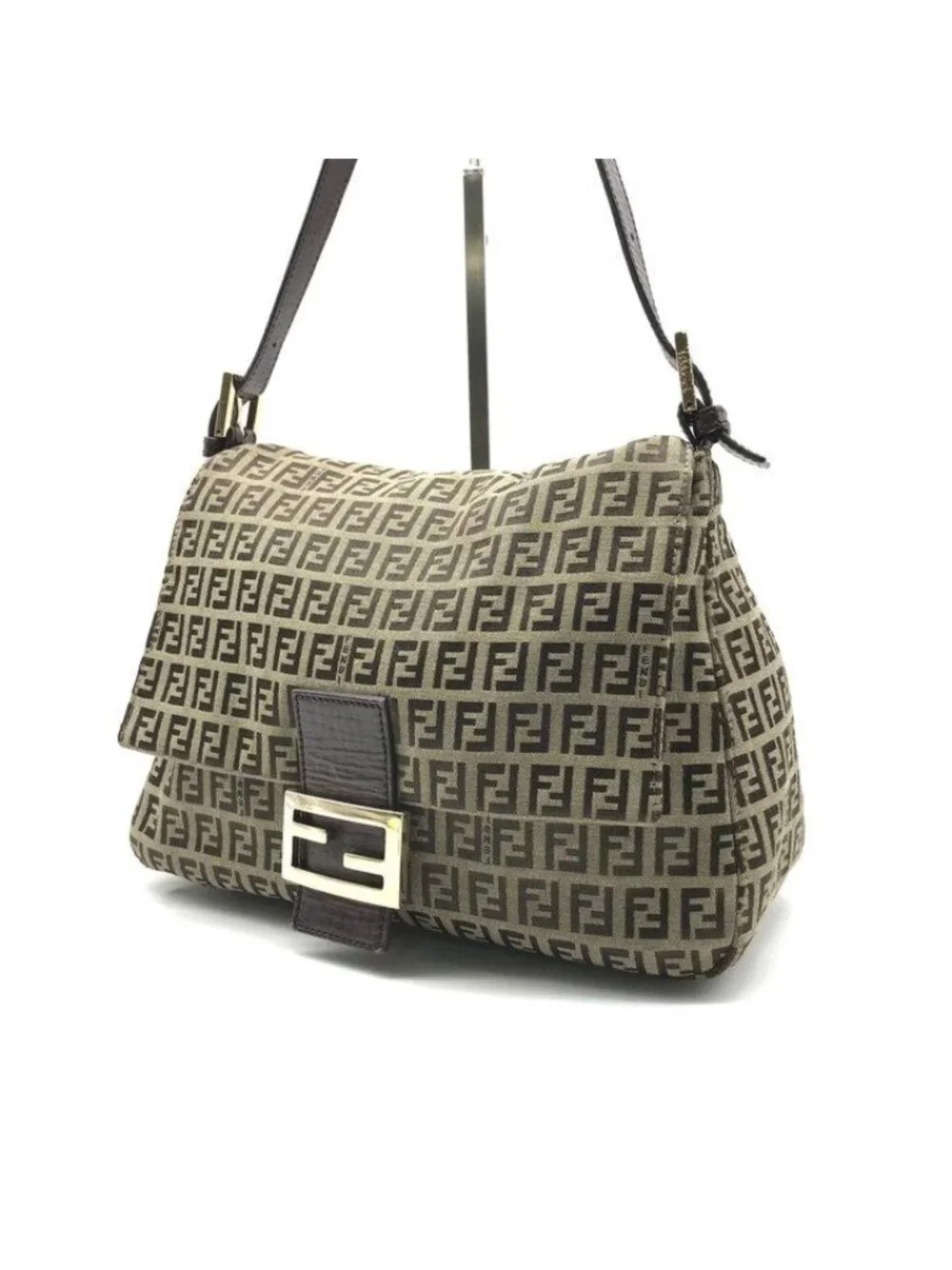Fendi Zucchino Canvas Leather Shoulder Bag Brown